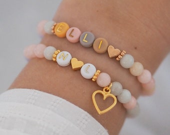 Pulsera de nombre inicial personalizada colorida piedra natural pulsera de perlas de morganita cuentas de letras personalizables regalo de corazón de oro pastel