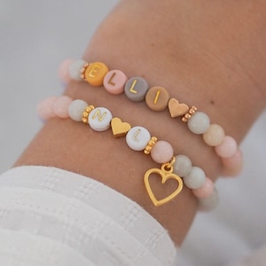 Name bracelet initial personalized colorful natural stone morganite pearl bracelet customizable letter beads pastel gold heart gift