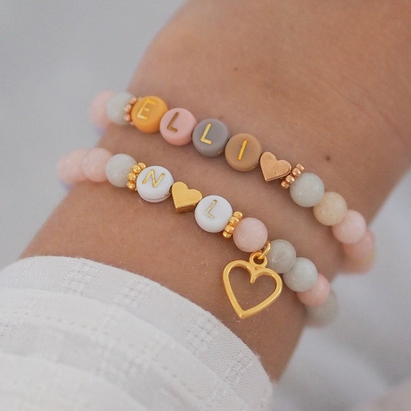 Bracelet prénom initial personnalisé coloré pierre naturelle bracelet perle morganite personnalisable lettre perles pastel or coeur cadeau