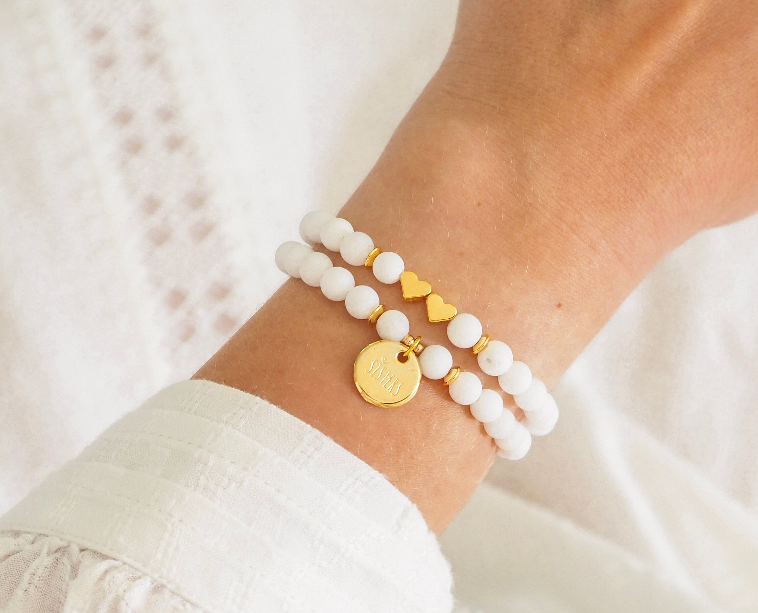 Armband Sisters Initiale personalisiert, Name, Naturstein Jade Herz, Gold, Roségold, Silber, Geschenk, Freundschaftsarmband, Mama, Schwester