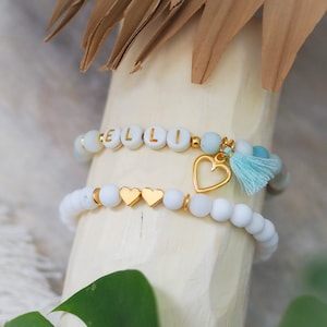 Pulsera con nombre personalizado, pulsera con cuentas, cuentas de piedra natural, letras iniciales de amazonita, regalo de corazón de oro Pastel de menta blanca