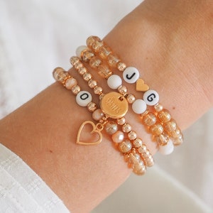 Personalized Name Bracelet / Named Bracelet Individual Initials Letters Pearl Bracelet Women White Rose Gold Desired Name Heart Love