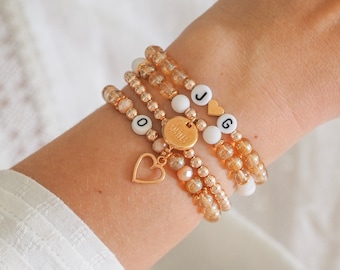 Personalisierbares Namensarmband / Named Bracelet Individual Initialen Buchstaben Perlenarmband Damen Weiß Roségold Wunschname Herz Love