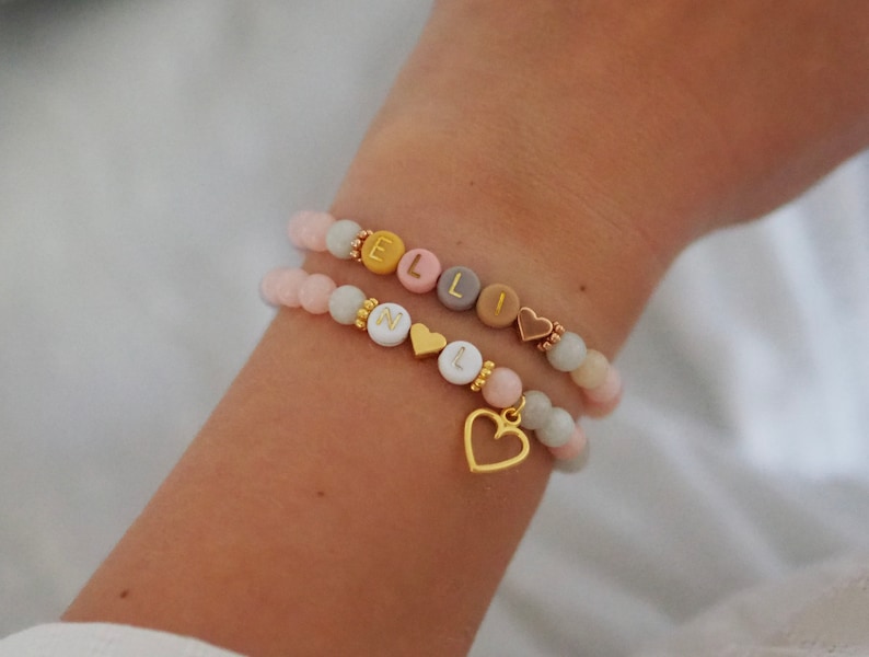 Bracelet prénom initial personnalisé coloré pierre naturelle bracelet perle morganite personnalisable lettre perles pastel or coeur cadeau image 3