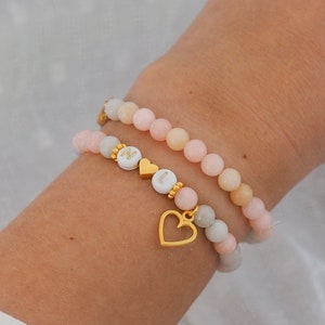 Bracelet prénom initial personnalisé coloré pierre naturelle bracelet perle morganite personnalisable lettre perles pastel or coeur cadeau image 2