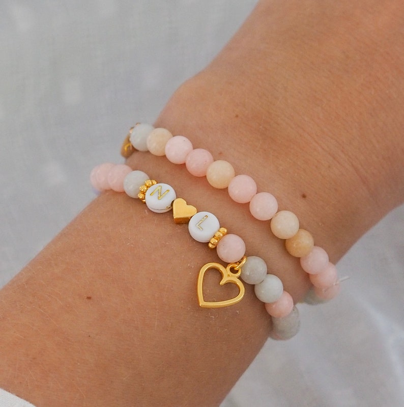 Bracelet prénom initial personnalisé coloré pierre naturelle bracelet perle morganite personnalisable lettre perles pastel or coeur cadeau image 2