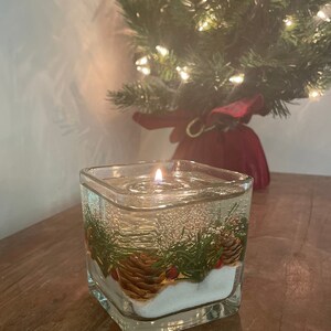 shalant holiday gel candles Pine and snow candles made with pine garland pine cones and sugar snow in clear gel wax. jelly candle in a glass bowl. These candles have a refillable glass votive in the center. Gel wax is scented with a pine balsam scent