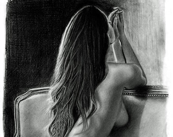 A4 print &quot;Naakte Vrouw op Bank&quot; potloodtekening