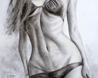 10 x 12 inch ORIGINAL Charcoal Drawing of Female Model