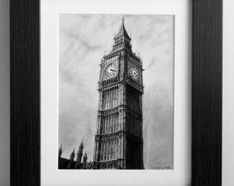 10x8 inch framed print of &quot;Big Ben, London&quot; pencil drawing