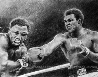 A4 print of &quot;Thrilla in Manilla&quot; Muhammad Ali Joe Frazier pencil drawing