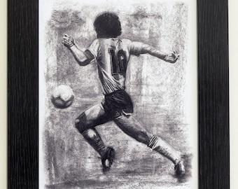 A4 framed print of &quot;Maradona&quot; charcoal drawing