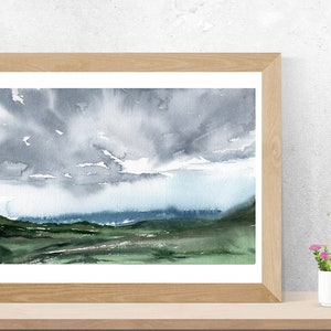 Große Horizontale Skandinavische Landschaftskunst, Aquarell Landschaft, druckbare Kunst, moderne Kunst, abstrakte Landschaftskunst
