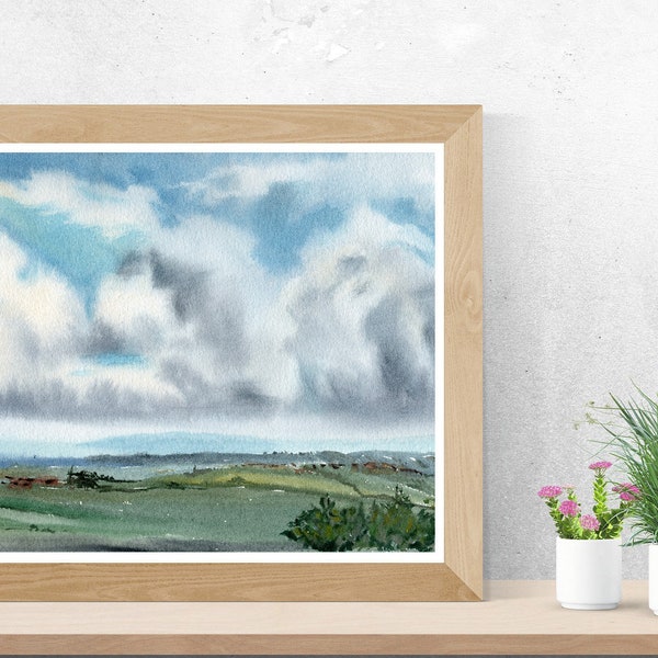 Large horizontal Italy Tuscany watercolor printable wall art, Watercolor landscape print, Green Blue print,  Clouds Modern art