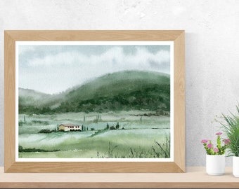 Toskana Landschaft Aquarell Kunstdruck 30x40cm Italien Wanddeko (Digitaler Download)