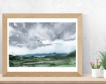 Island Landschaft Aquarell Druck: Scandinavian Modern Art (Digitaler Download)