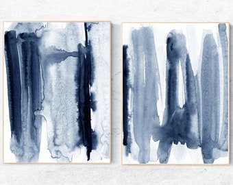Set of 2 navy blue abstract prints, Scandinavian navy blue prints, Set of 2 printable wall art, Abstract navy blue watercolor print