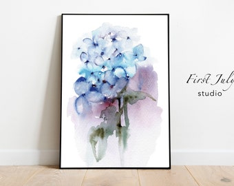 Arte imprimible de acuarela de hortensia azul moderna abstracta, póster floral imprimible, impresión de hortensia azul, decoración de pared de granja, impresión rústica