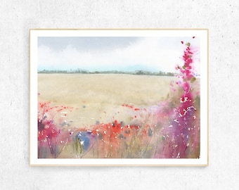 Impresión de acuarela de flores silvestres vintage: arte paisajístico abstracto (descarga digital)