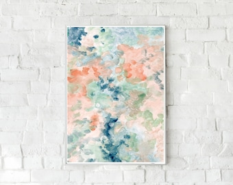 Abstract Blossom Flower Green Coral Blue Printable Art, Modern print, Watercolor Printable Art, Bedroom Wall Art, Living Room Abstract Print