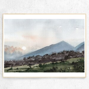 Abstract horizontal Bali watercolor printable landscape, Watercolor art print, Green Blue printable wall art, Vintage landscape art