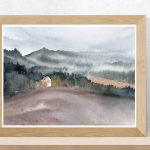 Abstract Watercolor Foggy Mountains Printable Art, Foggy Forest wall art, Modern Farmhouse printable painting, Living room wall art