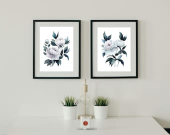 Conjunto de impresiones de acuarela de peonías: Arte floral para la pared del dormitorio (descarga digital)