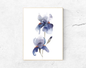 Impresión de acuarela de iris azul: Arte floral para pared de dormitorio (descargable)