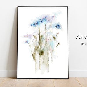 Abstract Modern Blue Forget-me-not watercolour printable art, Floral printable poster, Blue floral print, farmhouse wall decor, Rustic print