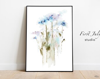 Impresión de acuarela de nomeolvides azul: Arte floral abstracto (descarga digital)