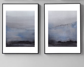 Conjunto imprimible de 2 pinturas abstractas en gris azulado, Conjunto de 2 impresiones de paisaje abstracto en acuarela, Conjunto de 2 impresiones abstractas en acuarela