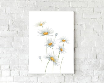 Daisy Flower Watercolor Illustration Printable Art, Floral Large Bedroom Wall Art, Daisy Flower Print, Downloadable Prints