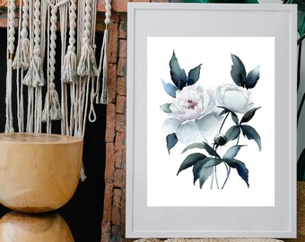 Peony Flower Watercolor Printable Art, Floral Large Bedroom Wall Art, Peony Flower Print, Downloadable Prints, White Flowers print