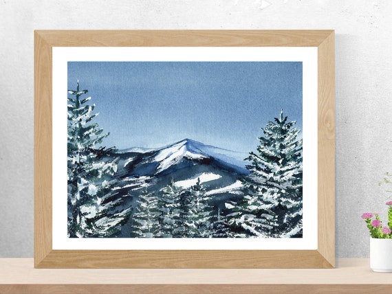 Watercolor Winter Mountains Printable landscape Art Large | Etsy