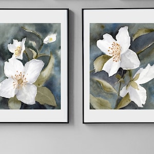 Jasmine Flower Watercolor Set of 2 Prints, Floral Large Bedroom Wall Art set of 2 printable, Jasmine Flower Print, Downloadable Prints,