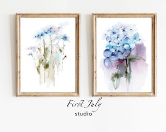 Printable set of 2 modern floral watercolour paintings, Abstract watercolour forget-me-not and hydrangea set of 2 prints, Blue Prints