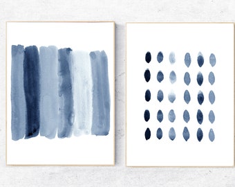 Navy Blue Abstract Watercolor Print Set: Minimalist Brush Strokes (Digital Download)