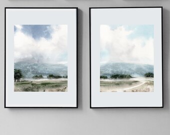 Watercolor Landscape Print Set of 2: Minimalist Farmhouse Decor (Digital Download)