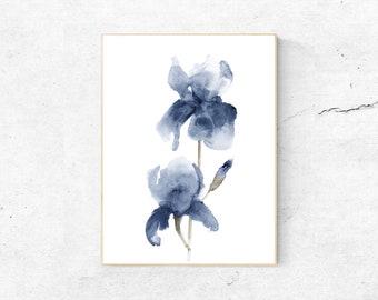 Impresión de acuarela de iris azul marino: Arte floral para pared de dormitorio (Descarga digital)