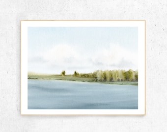 Impresión abstracta de acuarela junto al río: Paisaje de granja (descarga digital)