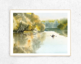 Impresión abstracta de acuarela de una ribera otoñal: Arte rural moderno (descarga digital)
