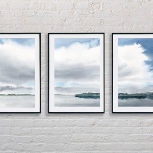 Large Printable set of 3 watercolor river landscapes, Modern Farmhouse decor, Set of 3 watercolor prints, Minimalist landscape print set