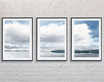 Juego de 3 impresiones de paisajes fluviales en acuarela: Decoración minimalista de estilo rústico (descarga digital)