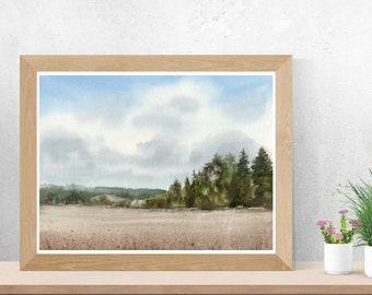 Impresión de paisaje forestal en acuarela: Arte de granja moderno (Descarga digital)