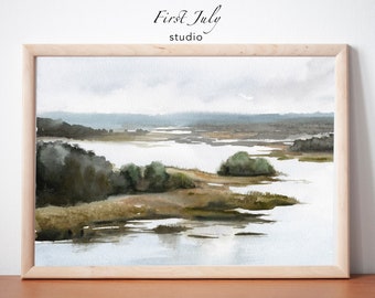 Impresión abstracta de paisaje fluvial en acuarela: Arte rural moderno (Descarga digital)