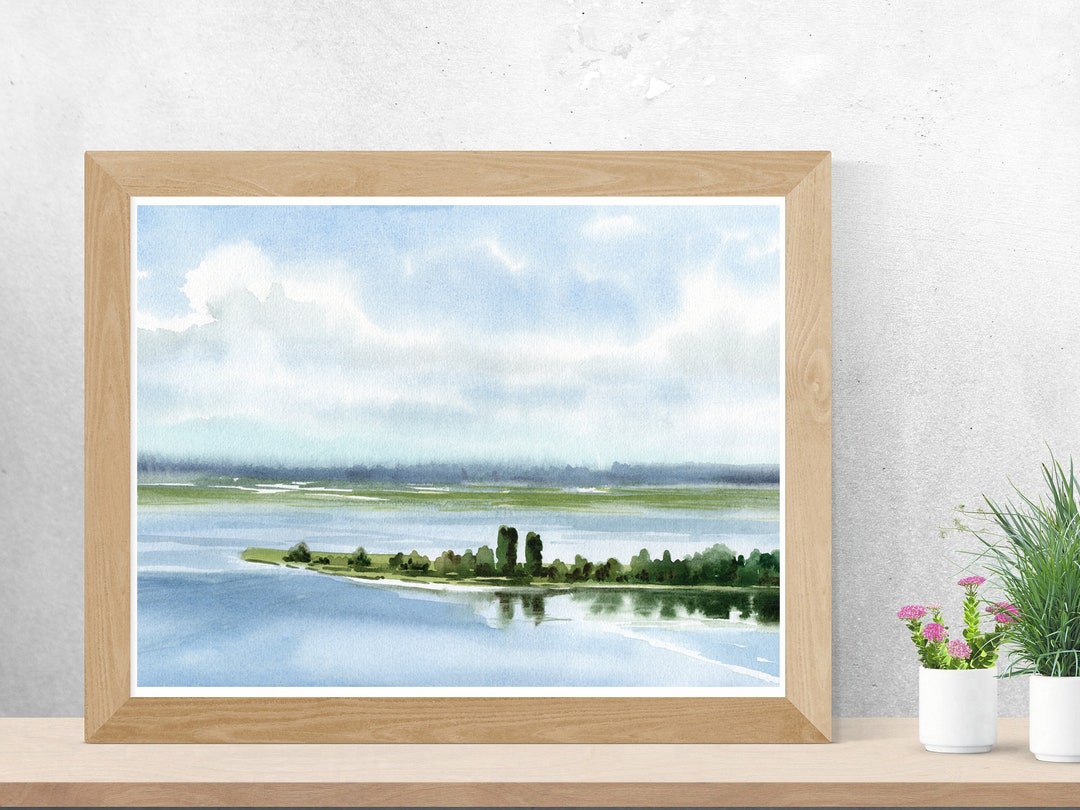 Abstract Watercolor Riverside Landscape Print, Watercolor River ...
