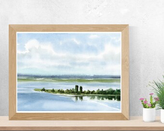 Impresión de acuarela de paisaje ribereño: Arte rural moderno (descarga digital)