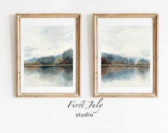 Printable set of 2 vintage abstract watercolor landscape paintings, Abstract watercolor landscape set of 2 prints, Graige Blue Print