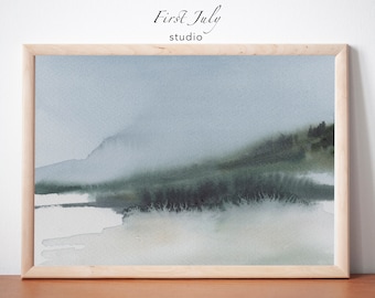 Impresión de paisaje de lago en acuarela: Arte abstracto campestre (Descarga digital)