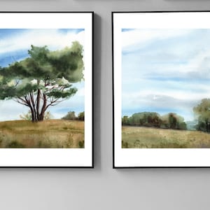 Large Printable set of 2 watercolor countryside landscape prints, Watercolor Forest print, Pine tree print, Modern Farmhouse decor
